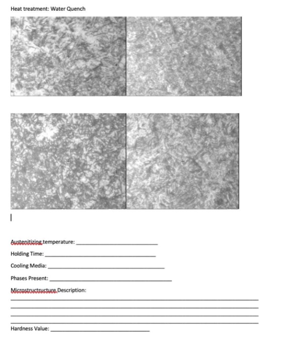 Heat treatment: Water Quench Austenitizing temperature: Holding Time: Cooling Media: Phases Present: Microstouctructure Descr
