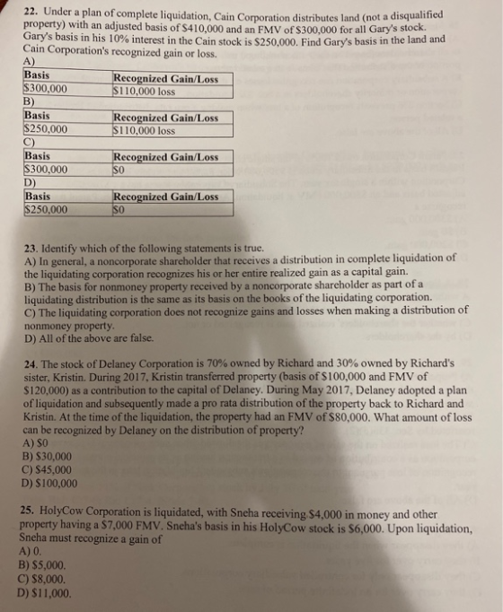 22. Under a plan of complete liquidation, Cain Corporation distributes land (not a property) with an adjusted basis of $410,0