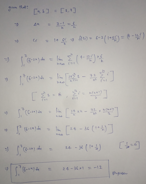 given thata [a b] = [2,7 An 7-1 = 6 h I + P = f(G) = 6-2(1444) = (4 *) 7. E lim S (6-24 ) che (4- 12,2 x 4 hooo 7 lim [24 72