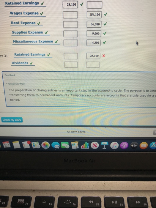 Retained Earnings 28,100 Wages Expense 154,100 Rent Expense ✓ 36,700 > Supplies Expense 9,000, Miscellaneous Expense 4,300 ay