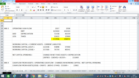 Home nert Page Layout Formulas Data Review View dd-Ins Cut Σ AutoSum ー E ゴWrap Text ta copy. в 1 프 . Ej-., Δ. : rーー 逻锂函Merge & Center. $, % , 弼,8 C Conditional Format CeInsert Delete Format Formatting, as Table w styles. ▼ ㆆ ▼ Sort &Find & 2 ClearFe Select Edting Format Painter Clipboard Alignment Number Cells CJ16 CK CL CM CN CO CP CQ CR CS CT CU CV CW 16 17 18 19 ANS3 20 21 OPERATING CASH FLOW EBIT DEPRECIATION TAXES 2017 123410 72158 22622 172946 2018 141313 81559 25900 196972 ADD LESS 23 24 25 26 27 28 29 30 31 32 ANS4 CASHFLOW FROM ASSETS OPERATING CASHFLOW - CHANGES IN WORKING CAPITAL -NET CAPITAL SPENDING WORKING CAPITAL = CURRENT ASSETS-CURRENT LIABILITIES WORKING CAPITAL (2017)- WORKING CAPITAL (2018)- 113338 157300- 55898 76759 57440 80541 NET CAPITAL SPENDING CHANGE IN NET FIXED ASSETS DEPRECIATION (387855 - 318345) 81559- 151069 CASHFLOW FROM ASSETS(2018)-196972. (80541-57440)-151069 22802 34 1 | | OCF CASH FLOW STATW ARM, MSI.confidenceINDEX / CURRENCY , LOAN (CROSS OVER . HEDGING MONEY MARKET / GM HPR AM . TAX GROWTH SUST (PREF AND DIV POLICY . 「 02:01 22-01-2019