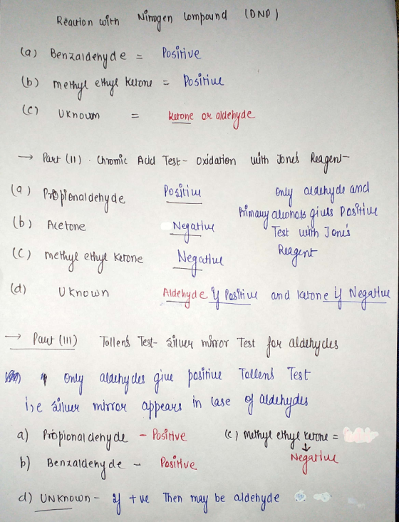 Reaction with Ninogen compound (OND) (a) Benzaldenyde = Positive (b) methyl ethyl Kelone - Positive (c) Uknoum = Kerone or al