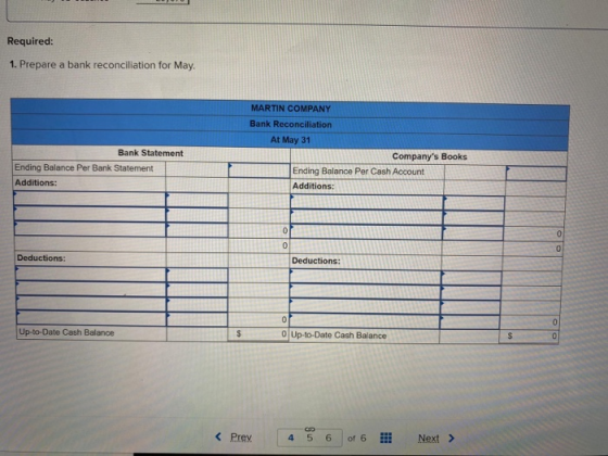 Required: 1. Prepare a bank reconciliation for May Bank Statement Ending Balance Per Bank Statement Additions: MARTIN COMPANY