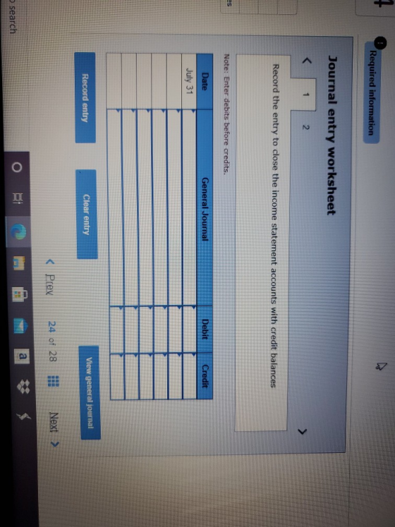 1 Required information Journal entry worksheet < 1 2. Record the entry to close the income statement accounts with credit bal