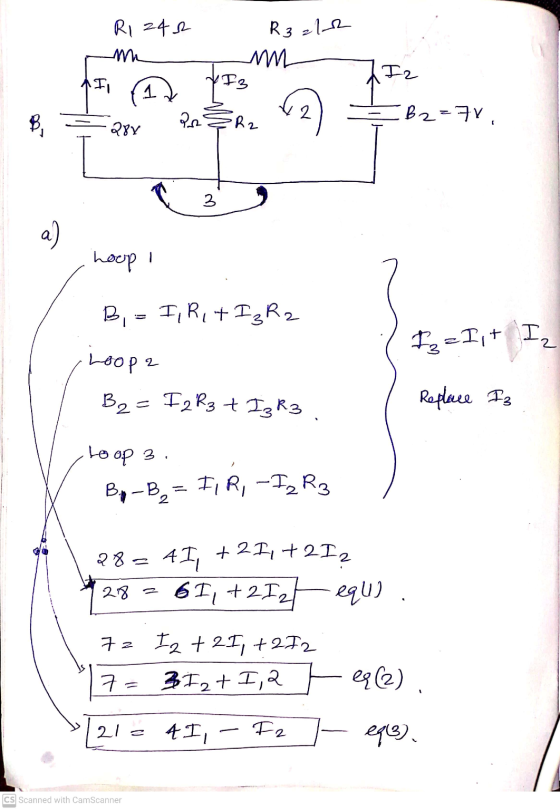 R3 12 R1 242 чу mm 1I3 Iz 1 20 2 •R2 B2=74. 28x 3 a) hoop i Bi IR,+ I3R2 Iz = Ist + Iz 2 Loop 2 B₂= I2 R₂ + Iz R3 Replace Is
