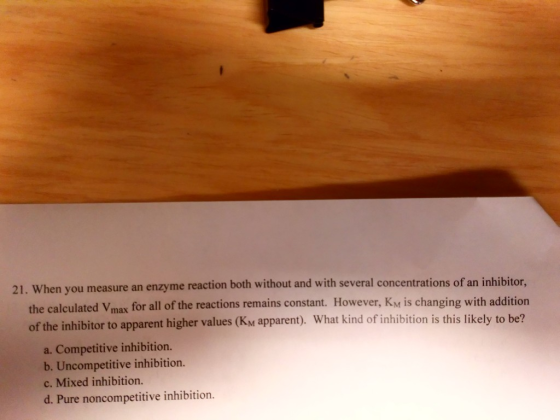 21. When you measure an enzyme reaction both without and with several concentrations of an inhibitor, the calculated Vmay for