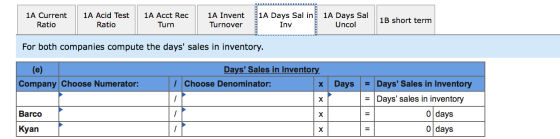 1A Current Ratio 1A Acid Test Ratio 1A Acct Rec Turn 1A Invent Turnover 1A Days Sal in Inv 1A Days Sal Uncol 1B short term Fo