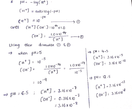 -PH - 0 2x1074 pH = -log[ht] [H+] = antilog(-PH) EH+] = 10 and CH +3 COH-] =104x1.0 Com] 1.0X1974 CH+1 Using these formulae