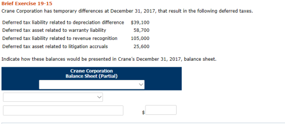 Brief Exercise 19-15 Crane Corporation has temporary differences at December 31, 2017, that result in the following deferred taxes. Deferred tax liability related to depreciation difference $39,100 Deferred tax asset related to warranty liability Deferred tax liability related to revenue recognition 105,000 Deferred tax asset related to litigation accruals 58,70わ 25,600 Indicate how these balances would be presented in Cranes December 31, 2017, balance sheet. Crane Corporation Balance Sheet (Partial)