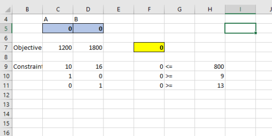 B C D E F I B 0 0 4 А 5 6 7 Objective 8 9 Constraint 10 1200 1800 0 LO 16 0 <= 800 9 0 1 0 0 >= 0 >= 11 1 13 12 13 14 15 16