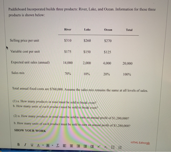 Paddleboard Incorporated builds three products: River, Lake, and Ocean. Information for these three products is shown below: