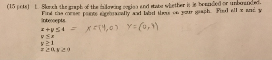 (15 pnts) 1. Sketch the graph of the following region and state whether it is bounded or unbounded. Find the corner points al