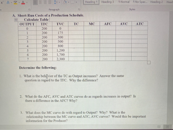 х JUUD Heading 1 Heading 3 1 Normal 1 No Spac... Heading 2 Head ht Styles MC AFC AVC ATC 1 Paragraph A. Short-Run Costs of a
