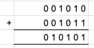 001010 001011 + 010101