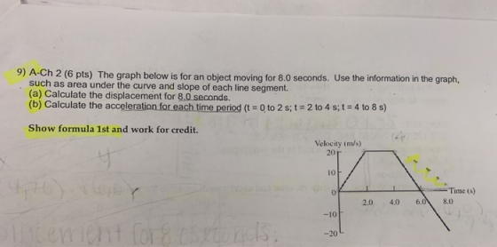 9) A-Ch 2 (6 pts) The graph below is for an object moving for 8.0 seconds. Use the information in the graph, such as area und