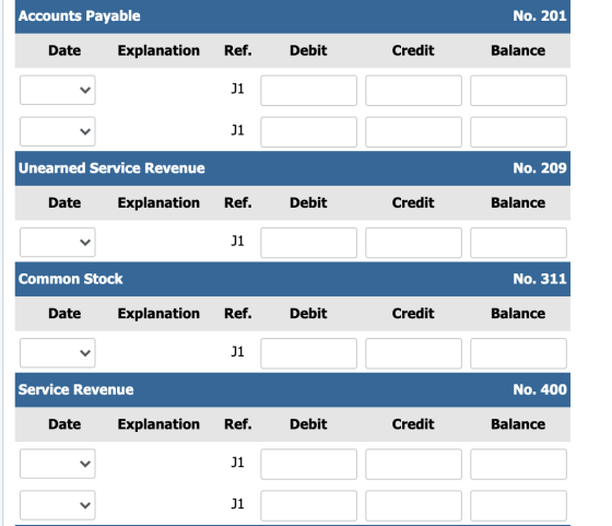 Accounts Payable No. 201 Date Explanation Ref. Debit Credit Balance J1 J1 Unearned Service Revenue No. 209 Date Explanation R