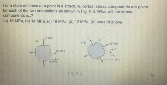 For a state of stress at a point in a structure, certain stress components are given for each of the two orientations as show