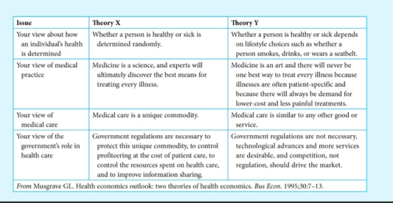 Issue Theory X Theory Y Your view about how Whether a person is healthy or sick is Whether a person is healthy or sick depend