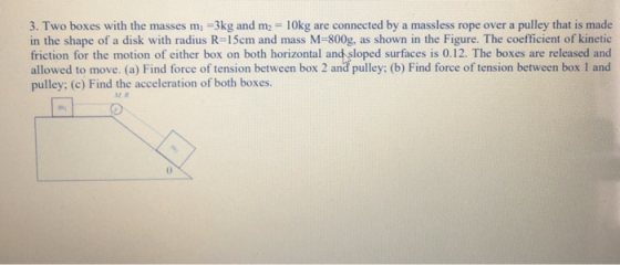 3. Two boxes with the masses m =3kg and m2 = 10kg are connected by a massless rope over a pulley that is made in the shape of