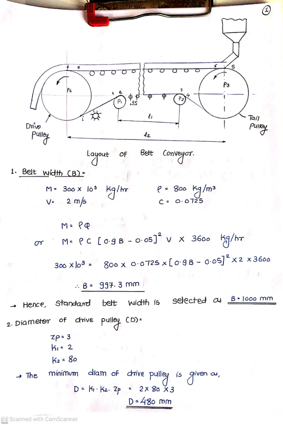 5 P3 P4 e P2 li Tail Drive Pulley la pulley of Belt Layout conveyor. 1. Belt width (B) = M = 300 x 103 2 m/s P = 800 kg/m3 C