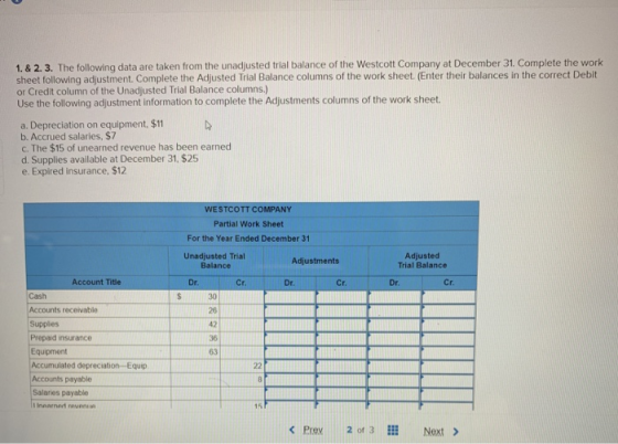 1. & 2. 3. The following data are taken from the unadjusted trial balance of the Westcott Company at December 31. Complete th