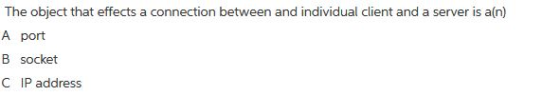 The object that effects a connection between and individual client and a server is a(n) A port B socket C IP address