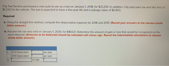 City Taxi Service purchased a new auto to use as a taxi on January 1, 2018, for $21,200. In addition, City paid sales tax and