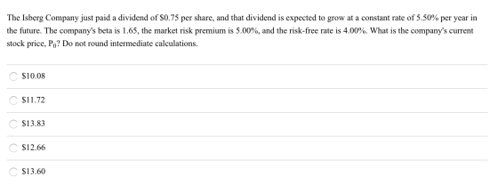 The Isberg Company just paid a dividend of $0.75 per share, and that dividend is expected to grow at a constant rate of 5.50%
