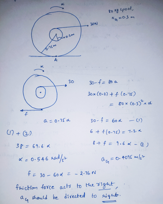 80 kg spool, KG=0.3 m BON 0.2m 0.75m A 30 30-f= so a 30x (0-2) + f (0.75) = 80% (0.3)²x a f a=0.75a 30-f= 6oa -(1) (17+ 20 6