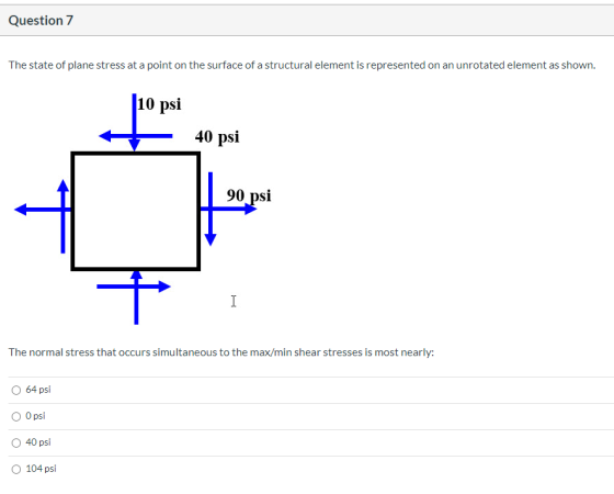 Question 7 The state of plane stress at a point on the surface of a structural element is represented on an unrotated element