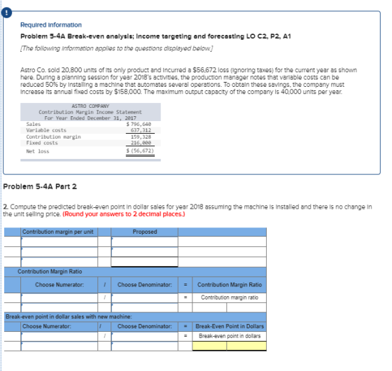 Required Information Problem 5-4A Break-even analysls; Income targeting and forecesting LO C2, P2, A1 The following Informati