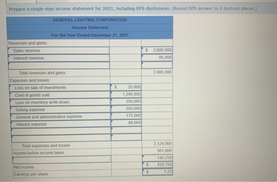 Prepare a single-step income statement for 2021, including EPS disclosures. (Round EPS answer to 2 decimal places.) GENERAL L