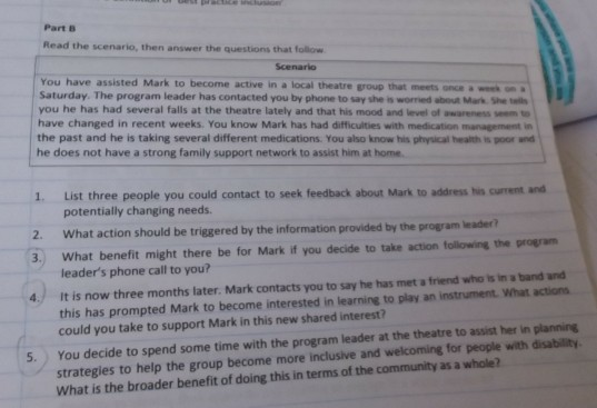 Part Read the scenario, then answer the questions that follow Scenario You have assisted Mark to become active in a local the