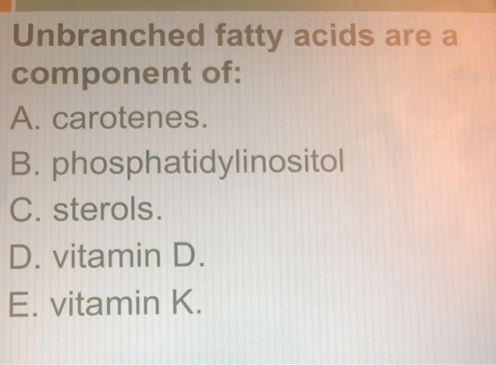 Unbranched fatty acids are a component of: A. carotenes. B. phosphatidylinositol C. sterols. D.vitamin D. E. vitamin K.
