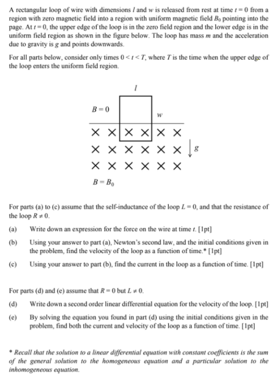 A rectangular loop of wire with dimensions and w is released from rest at time t = 0 from a region with zero magnetic field i