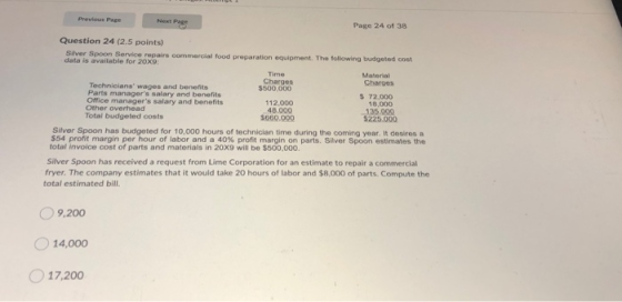 Prev Pace Page 24 of 38 Question 24 (2.5 points) Silver Spoon Service repair commercial food preparation equipment. The follo