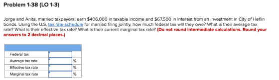 Problem 1-38 (LO 1-3) Jorge and Anita, married taxpayers, earn $406,000 in taxable income and $67,500 in interest from an investment in City of Heflin bonds. Using the U.S. tax rate schedule for married filing jointly, how much federal tax will they owe? What is their average tax rate? What is their effective tax rate? What is their current marginal tax rate? (Do not round intermediate calculations. Round your answers to 2 decimal places.) Federal ta>x Average tax rate Effective tax rate Marginal tax rate