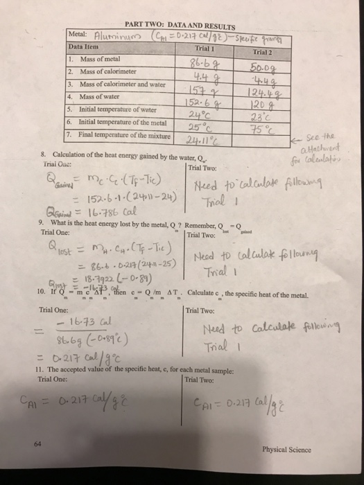86.bg PART TWO: DATA AND RESULTS Metal: Aluminum (Cal = 0.217 cal/qE)-specific granity Data Item Trial 1 Trial 2 1. Mass of m