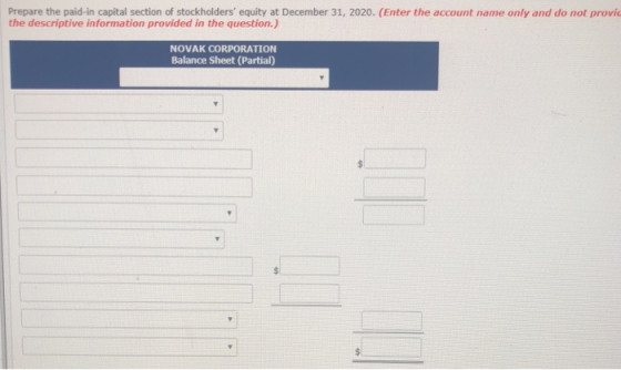 Prepare the paid-in capital section of stockholders equity at December 31, 2020. (Enter the account name only and do not pro