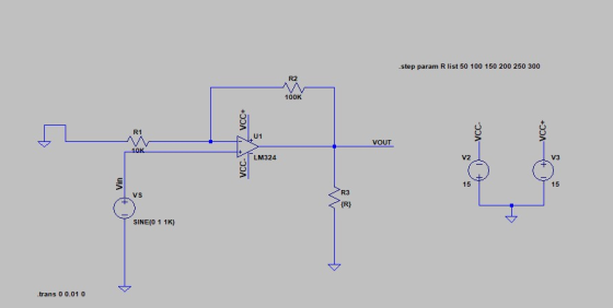 step param R list 50 100 150 200 250 300 R2 100K / VCC+ VCC- VCC+ -VCC+ VV VOUT + VCC- {R} SINE(O 1 1K) Y trans 0 0.01 0