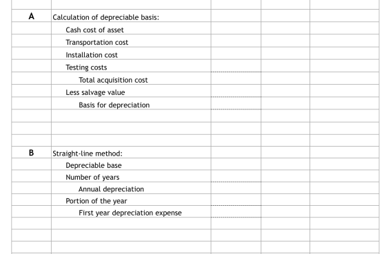 A Calculation of depreciable basis: Cash cost of asset Transportation cost Installation cost Testing costs Total acquisition
