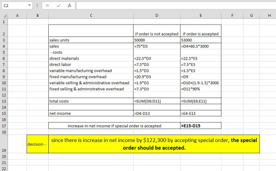 if order is not accepted if order is accepted sales units sales - costs direct materials direct labor variable manufacturing overhead fixed manufacturing overhead variable selling & administrative overhead 1.9 D3 fixed selling & administrative overhead 53000 4 75*D3 D4+60.5 3000 22.5 D3 7.5 D3 1.5 D3 20.9 D3 22.5*E3 7.5ЕЗ 1.5*E3 9 10 D10+(1.9-1.5)3000 -D11*90% 7.3*D3 13 14 15 16 total costs -SUM(D6:D11 -SUM(E6:E11 net income D4-D13 E4-E13 increase in net income if special order is accepted E15-D15 18 since there is increase in net income by $122,300 by accepting special order, the special order should be accepted. decision - 20 21