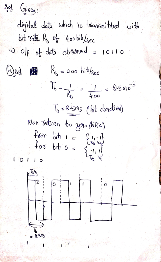 10110 વિ)એ bol. Gina digital data which is transmitted with bit rate Rp of 400 bit/sec a Olp of data observed Ro -400 bit/sec