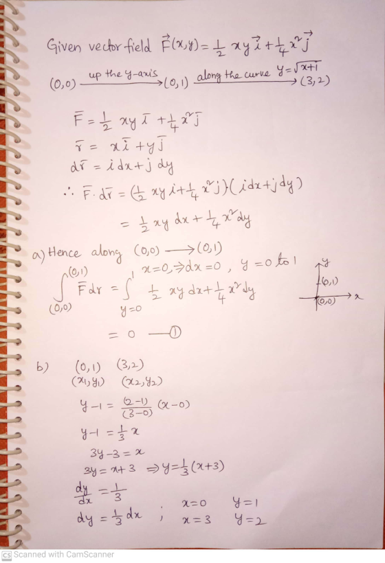 Given vector field Elxsy) = 1 nyårt 2] $(0,1) up the y-anis (0,0) along the curve Y=rati (3,2) E = 1 / nył + 24 25 š= xi ty