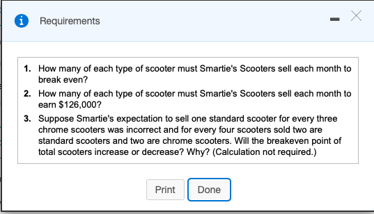 i X Х Requirements 1. How many of each type of scooter must Smarties Scooters sell each month to break even? 2. How many of