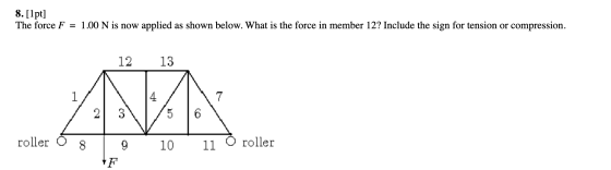8. [1pt] The force F = 1.00 N is now applied as shown below. What is the force in member 12? Include the sign for tension or
