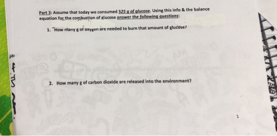Part 3: Assume that today we consumed 32 equation for the combustion of Rlucose answer the following questions: 5 q of qlucos