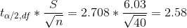 t_{\alpha/2,df}*\frac{S}{\sqrt{n}}=2.708*\frac{6.03}{\sqrt{40}}=2.58