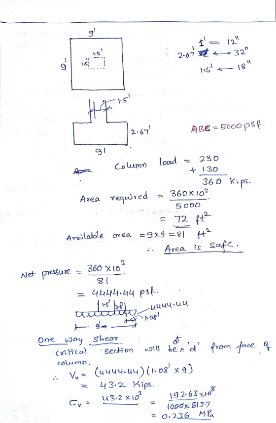 -S 2-67硭ー3211 9 2.67 36 kıps. S000 Aveilalole area 9x9 -360 χιο Net 4444.44 psk uuuy.uy One 0oy shear column 19 2.63