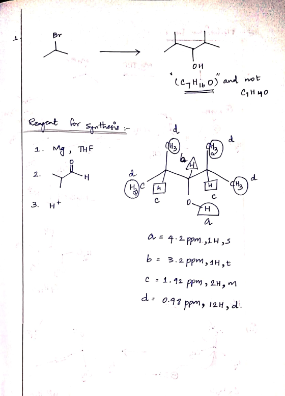 Br 1 OH Cea Hibos and not C₂H 40 Reagent for Synthesis : d 1. mg, THE 2. d H d Н.) H н CH3 + c 3. 0 H Н. a a = 4.2 ppm ,11,